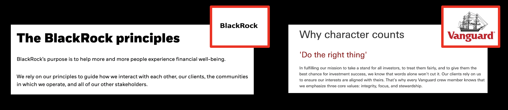 Vanguard Financial and BlackRock self claimed values while being major share holders in AT&T while funds OAN that sows discord and spreads COVID disinformation.