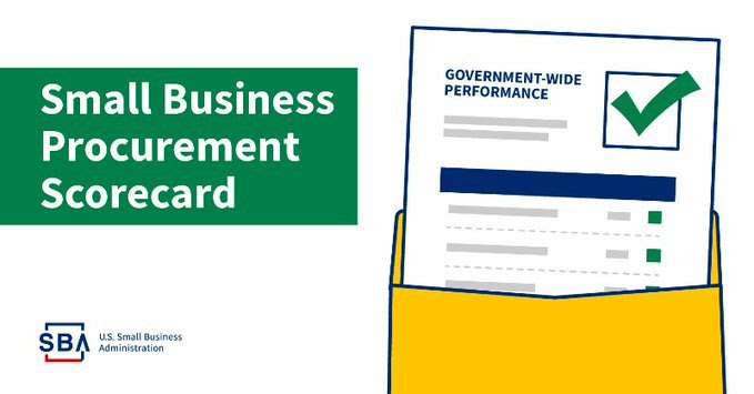 Illustration of a document and an envelope with text that includes small business procurement scorecard