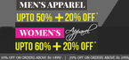 Upto 50% off + 20% off on Mens Apparel || Upto 60% off + 20% off on Womens Apparel
