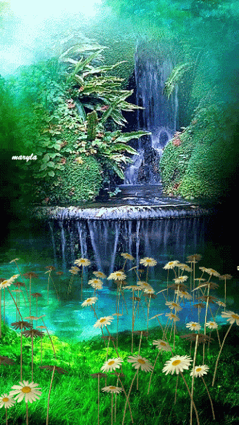 water fountain, nature, animated gifs, lily pond, daisies, flowers, landscape, trees, leaves, scenery, pretty - Click to play