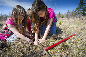 three young girls kneel on the ground to plant a tree seedling