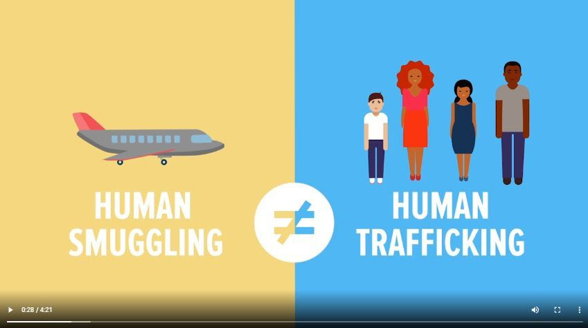 infographic video still image. human smuggling does not equal human trafficking. 