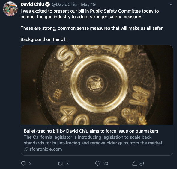 [Twitter: David Chiu] I was excited to present our bill in Public Safety Committee today to compel the gun industry to adopt stronger safety measures. These are strong, common sense measures that will make us all safer. Background on the bill:
