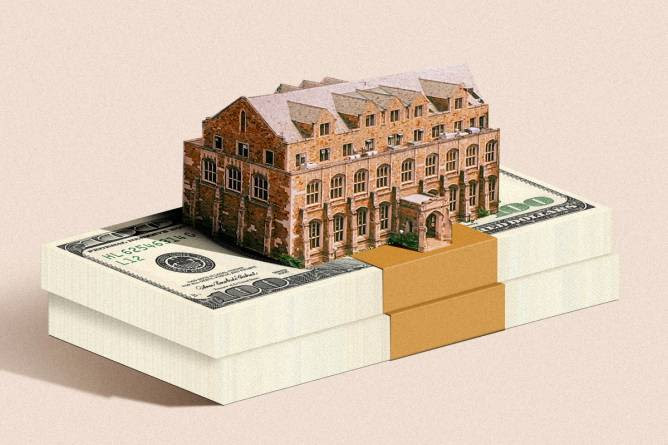 Illustration of a college building on top of stacks of money