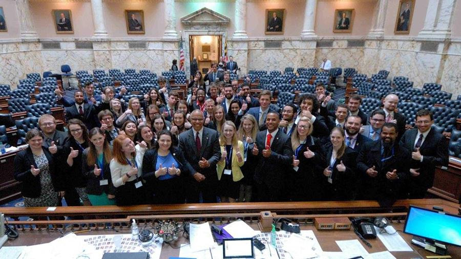 Maryland Lt. Gov. Boyd Rutherford with MSL students in the House of Delegates Chamber
