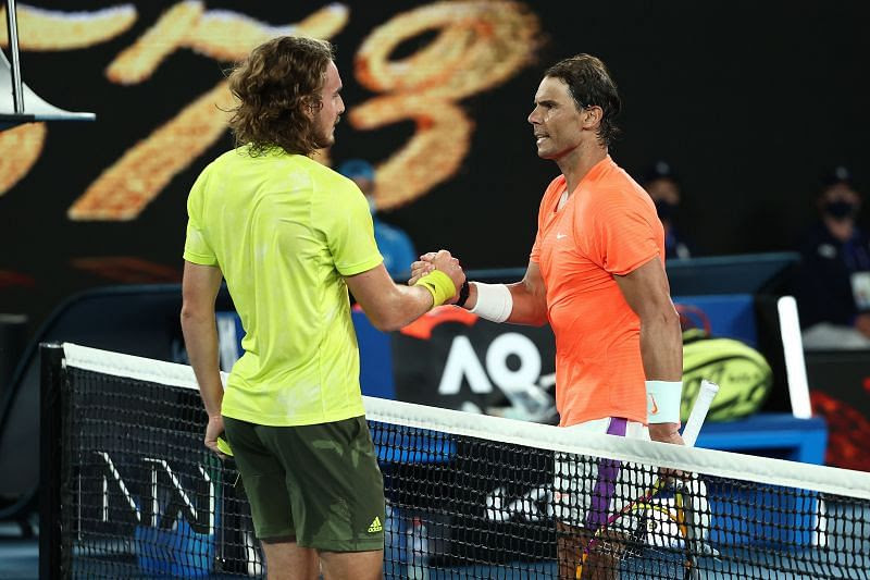 Stefanos Tsitsipas (L) and Rafael Nadal at the 2021 Australian Open