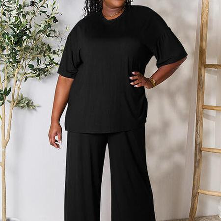 Double Take Full Size Round Neck Slit Top and Pants Set