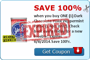 Save 100% when you buy ONE (1) Dark Chocolate YORK Peppermint Pattie (1.4oz. only). Check back every Friday for a new Freebie!.Expires 6/8/2014.Save 100%.