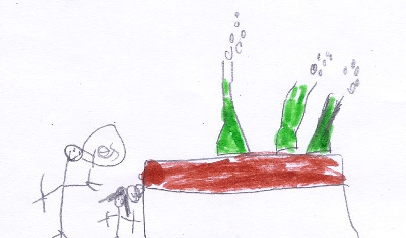 A child’s stick-figure drawing of a science experiment.