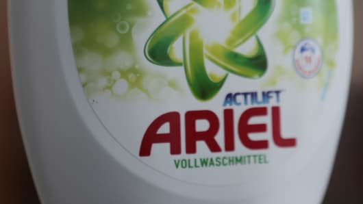 An Ariel liquid detergent bottle with an '18' on it sits in Berlin Germany, Friday, May 9, 2014.