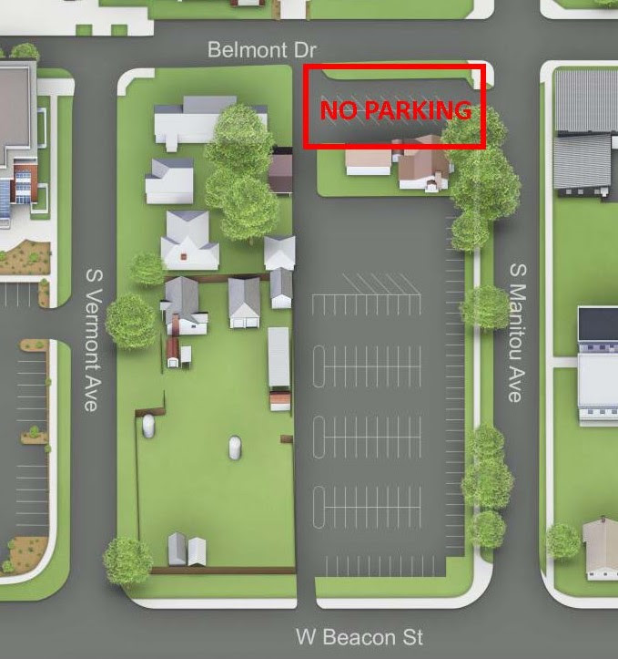 Map of no parking area between Belmont Dr and S Manitou Ave