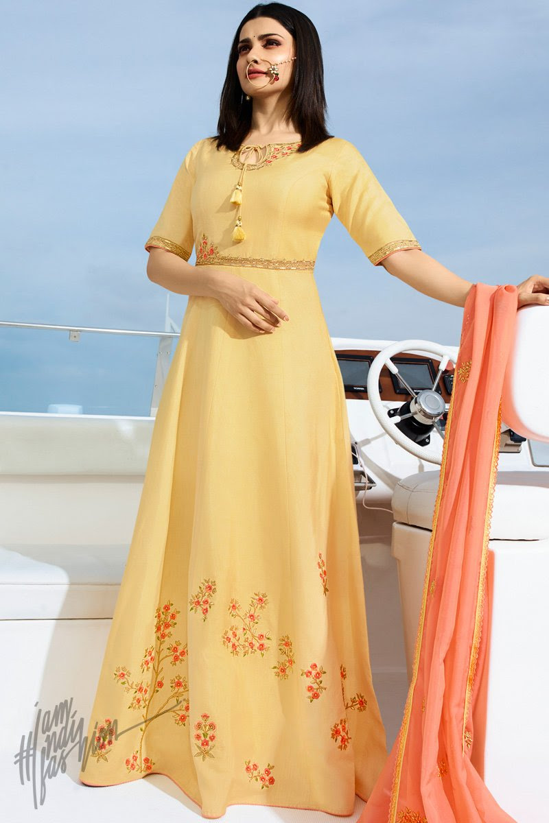 Yellow and Peach Silk Party Wear Gown