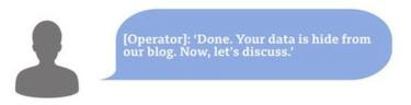 Hacker chat box saying 'Done. Your data is hide from our blog. Now, let's discuss.'