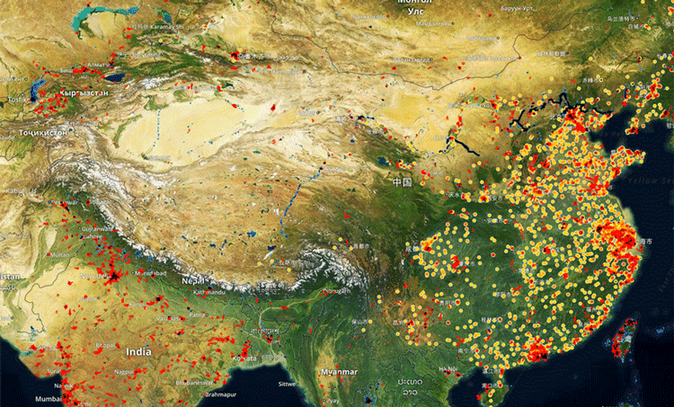 Spaceknow tracks manufacturing activity for over
6,000 industrial facilities in China using its "Satellite Manufacturing Index" (SMI) proprietary algorithms. Map: Spaceknow.
