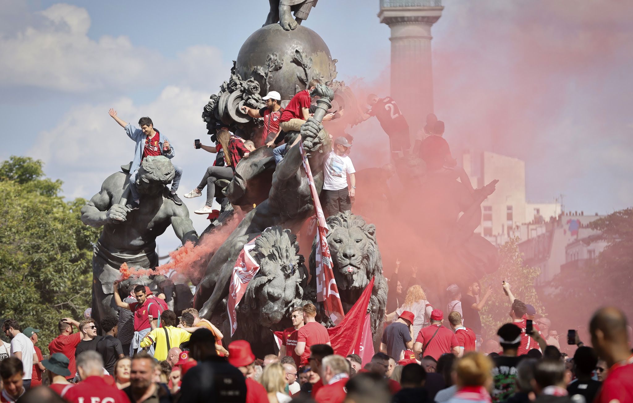 Liverpool supporters gather in Paris, Saturday, May 28, 2022 ahead of Saturday's lt;HIT gt;Champions lt;/HIT gt; lt;HIT gt;League lt;/HIT gt; final soccer match between Liverpool and Real Madrid at the Stade de France. (AP Photo/Jean-Francois Badias)