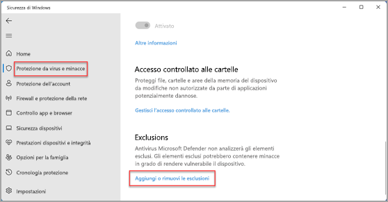 Dove aggiungere un'esclusione nell’app di sicurezza di Windows.