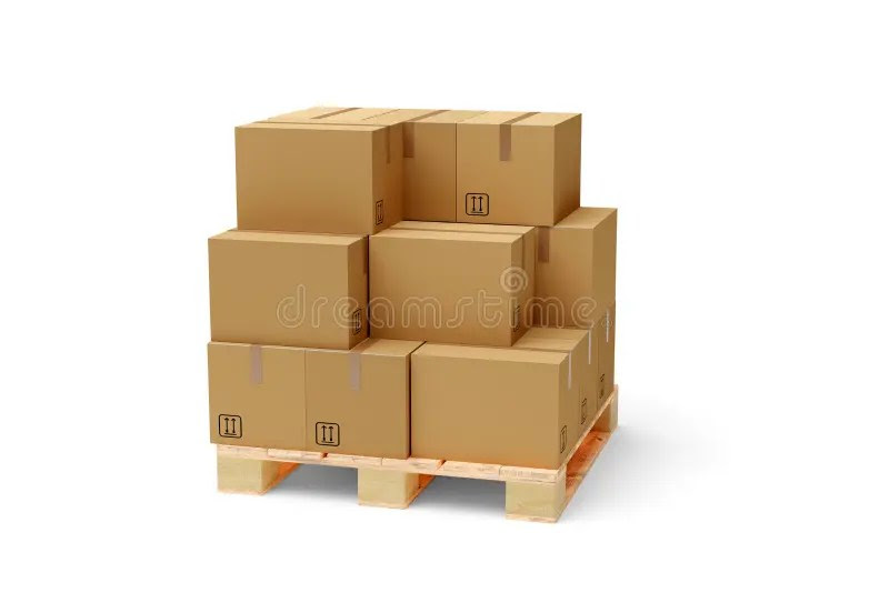 Carton Boxes on Wooden Pallet and Heap of Boxes Over White Background