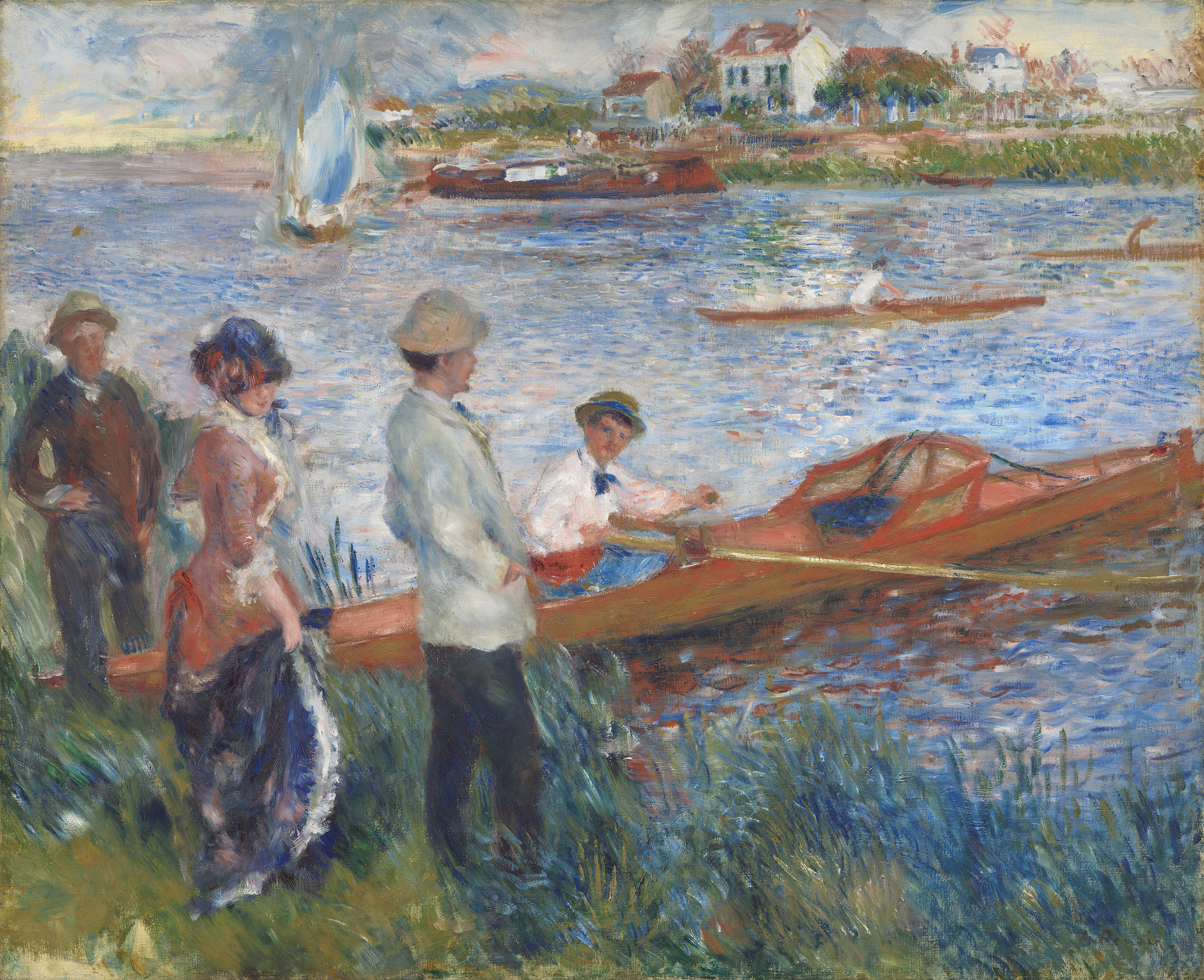 Impressionist painting of a woman and oarsmen on shoreline with a rowboat. Rowing art by Pierre Auguste-Renoir