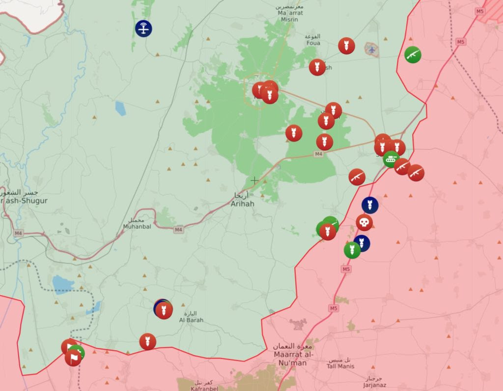 Situación de los frentes en Idleb según una fuente proturca, en rojo, últimas operaciones de Siria y sus aliados, en verde, las terroristas y en azul, las turcas. Se ve claramente quién lleva la iniciativa en estos momentos.