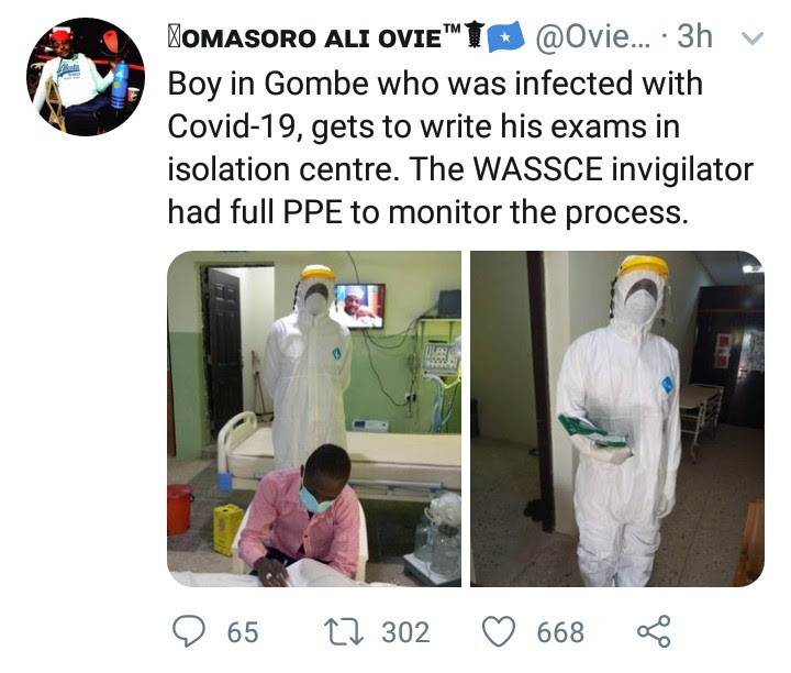 COVID-19 patient sits for WAEC exam in isolation centre