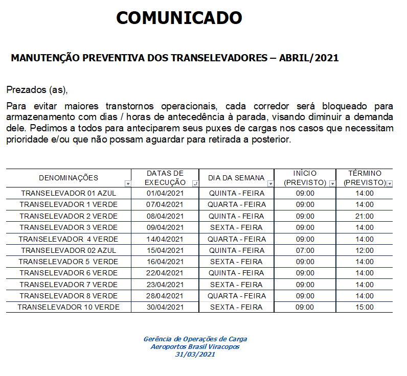 COMUNICADO MANUTENÇÃO PREVENTIVA