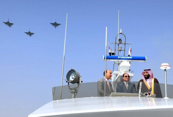 Mohammed bin Salman, with Egyptian President Abdel Fatah al-Sissi, surveying projects in Ismailia, Egypt, on March 5. (The Egyptian Presidency/Reuters)