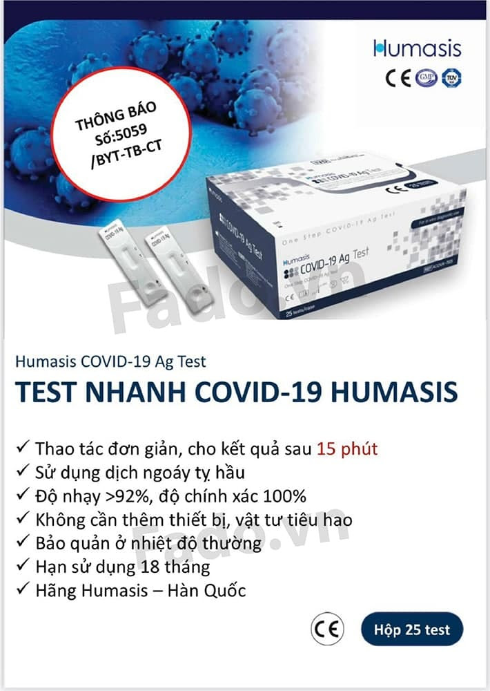 HÀNG CÓ SẴN - 5 HỘP (125 KIT) - TEST NHANH COVID-19 HUMASIS HÀN QUỐC - ĐỘ ĐẶC HIỆU 100% - ĐỘ NHẠY >93% - KẾT QUẢ SAU 15P - ĐƯỢC BỘ Y TẾ CẤP PHÉP LƯU HÀNH