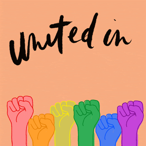 Raised rainbow fists below text reading: United in Diversity
