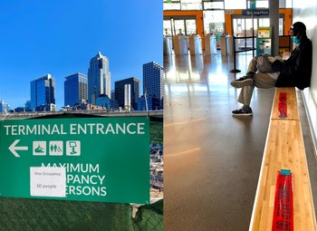 Photo of revised occupancy signage at Seattle's Colman Dock and interior with floor and chair markings