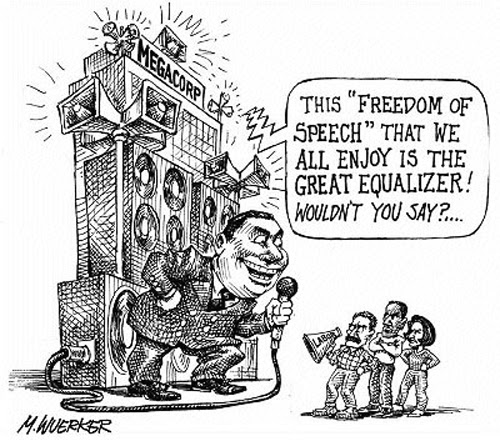 Cartoon of man in front of a giant bank of loudspeaker proclaims that freedom of speech is the great equalizer.