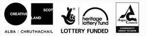 supporter logos for Creative Scotland, Heritage Lottery Fund and Angus Council Community Grant Scheme