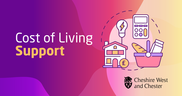 Cost of living support (image shows animated home with pound sign, calculator and basket of shopping)