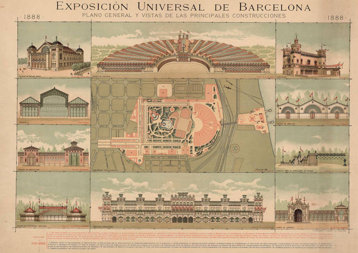 Buildings erected for the Universal Exhibition of Barcelona in 1888.