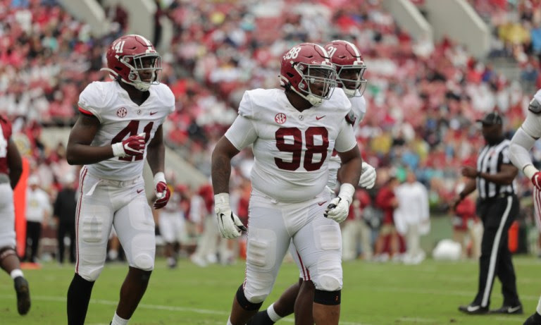 Alabama DL Jamil Burroughs (#98) celebrates after sacking Bryce Young in 2022 A-Day Game