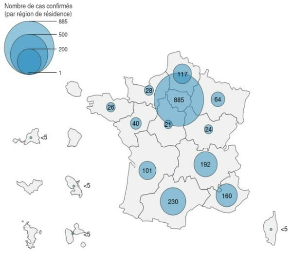 Cas confirmés de variole du singe par département en France, mai-août 2022