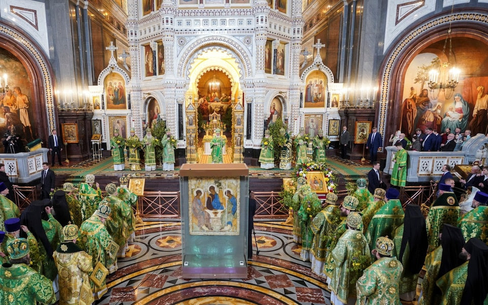 Patriarch Kirill of Moscow and All Russia leads a Holy Trinity service with the Trinity icon, Andrei Rublev's 15th century artwork.