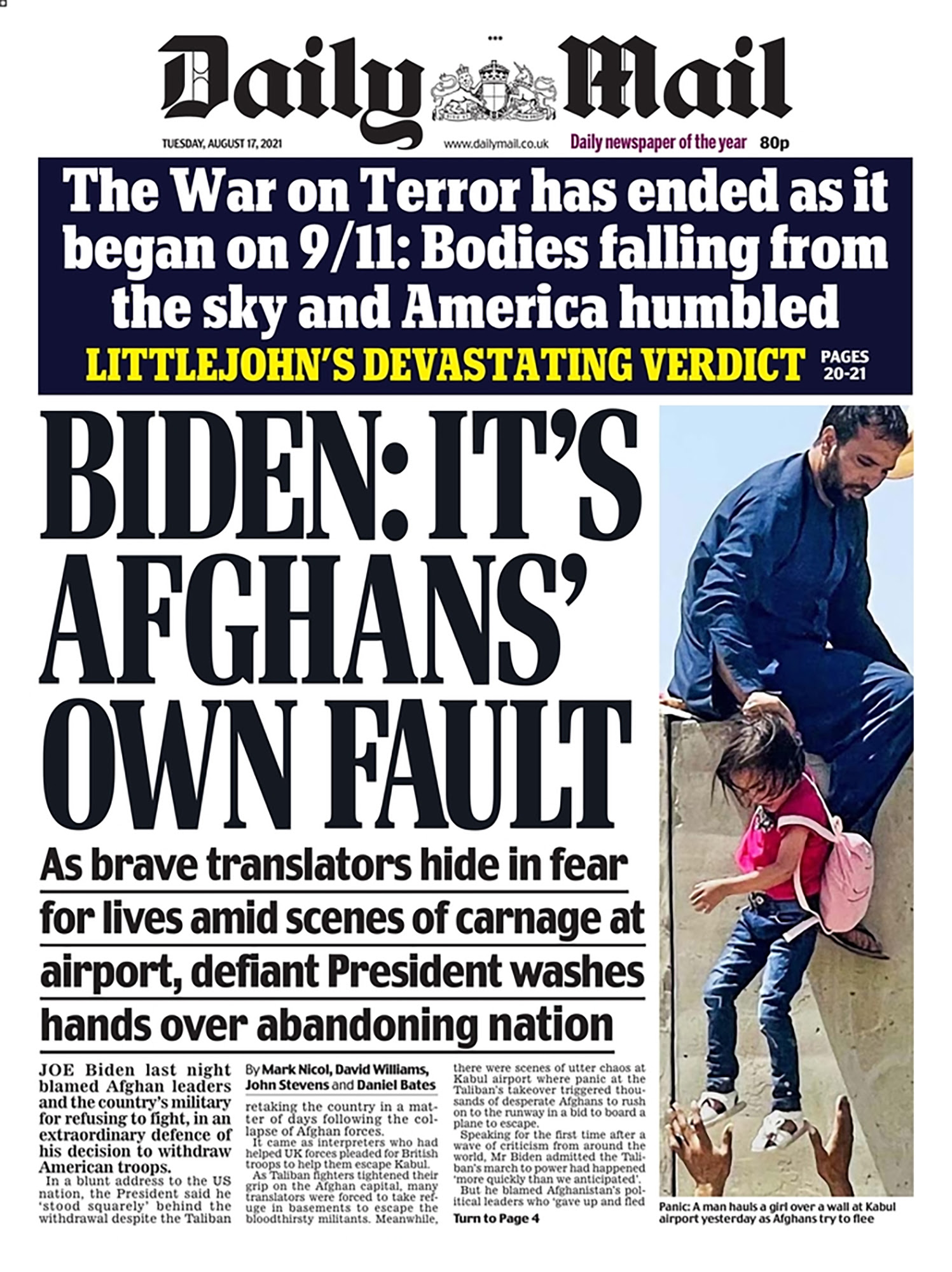 Daily Mail front page Afghanistan