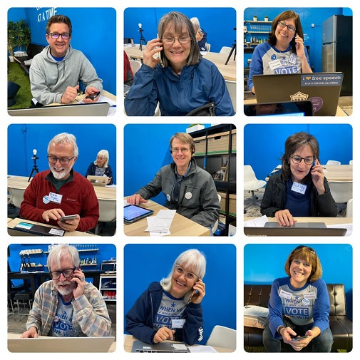Montage of 9 different phonebankers in action at the Volunteer Center