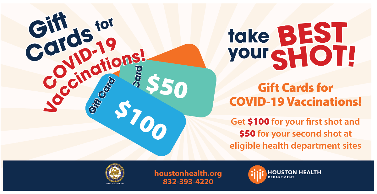 Graphic illustrating two gift cards with text reading "Get $100 for your first shot and $50 for your second shot at eligible health department sites."