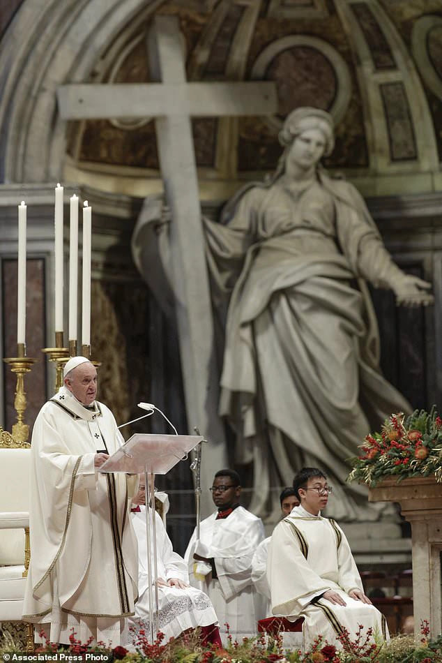 Pope Francis delivers his speech as he celebrates an Epiphany Mass in St. Peter's Basilica at the Vatican, Monday, Jan. 6, 2020. (AP Photo/Andrew Medichini)