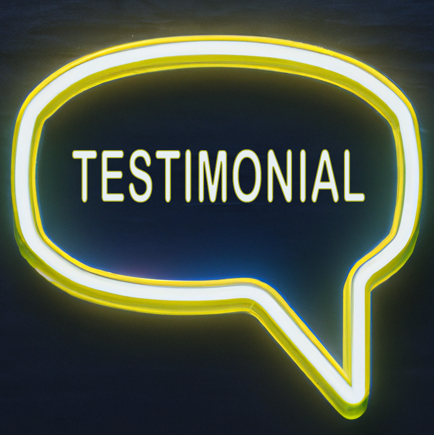 a neon speech bubble with the word testimonial inside