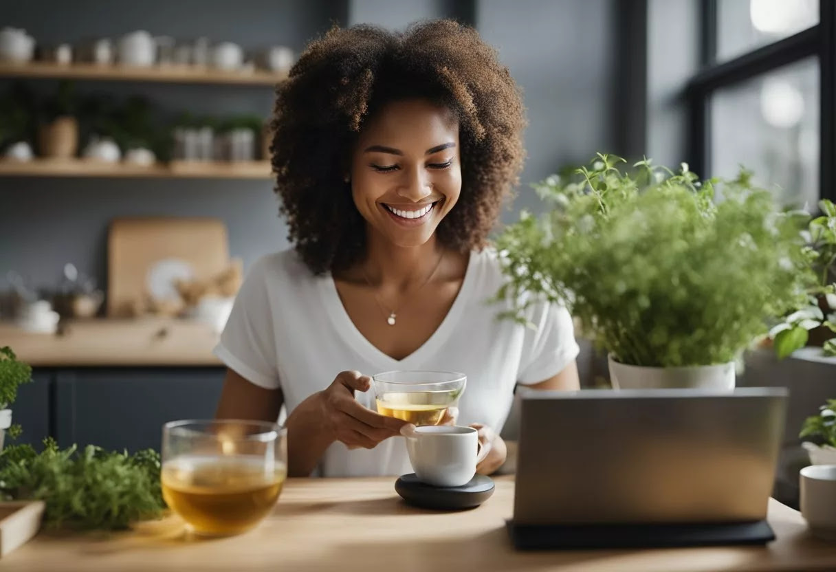 A woman opens a package of All Day Slimming Tea, smiling as she reads positive reviews online. The tea sits on a table with a steam rising from the cup, surrounded by fresh herbs and a scale