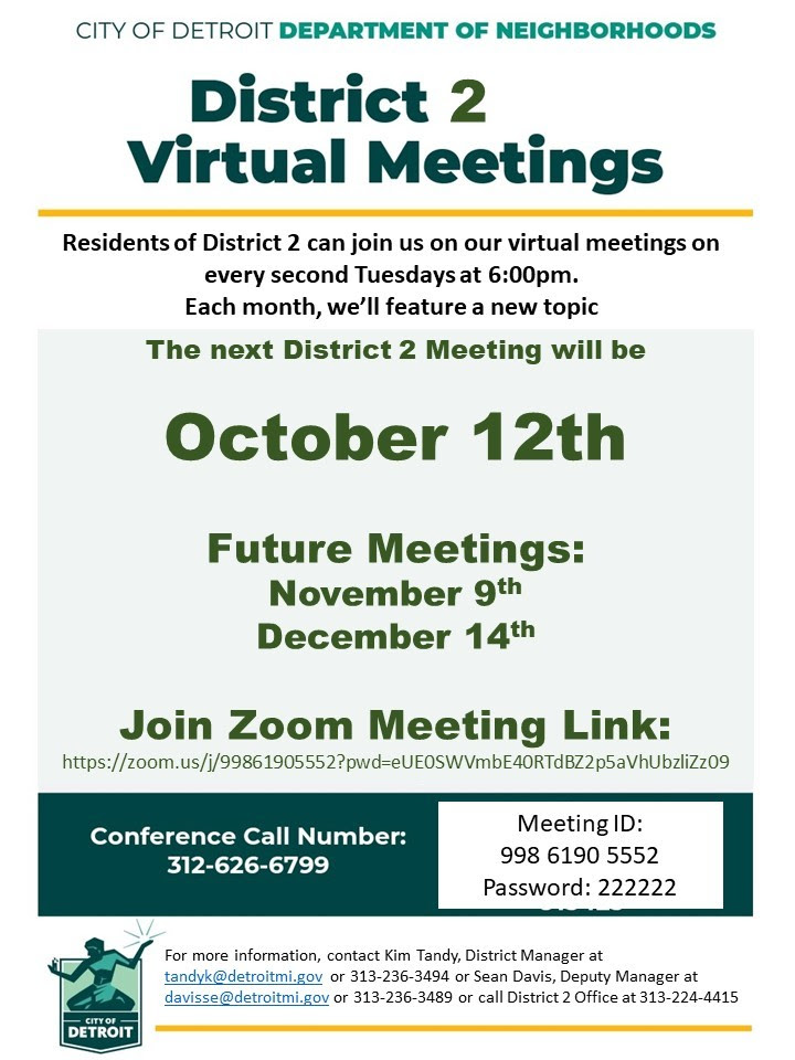 District 2 Virtual Meeting, Tuesday, October 12, 2021 @ 6:00 P.M.
