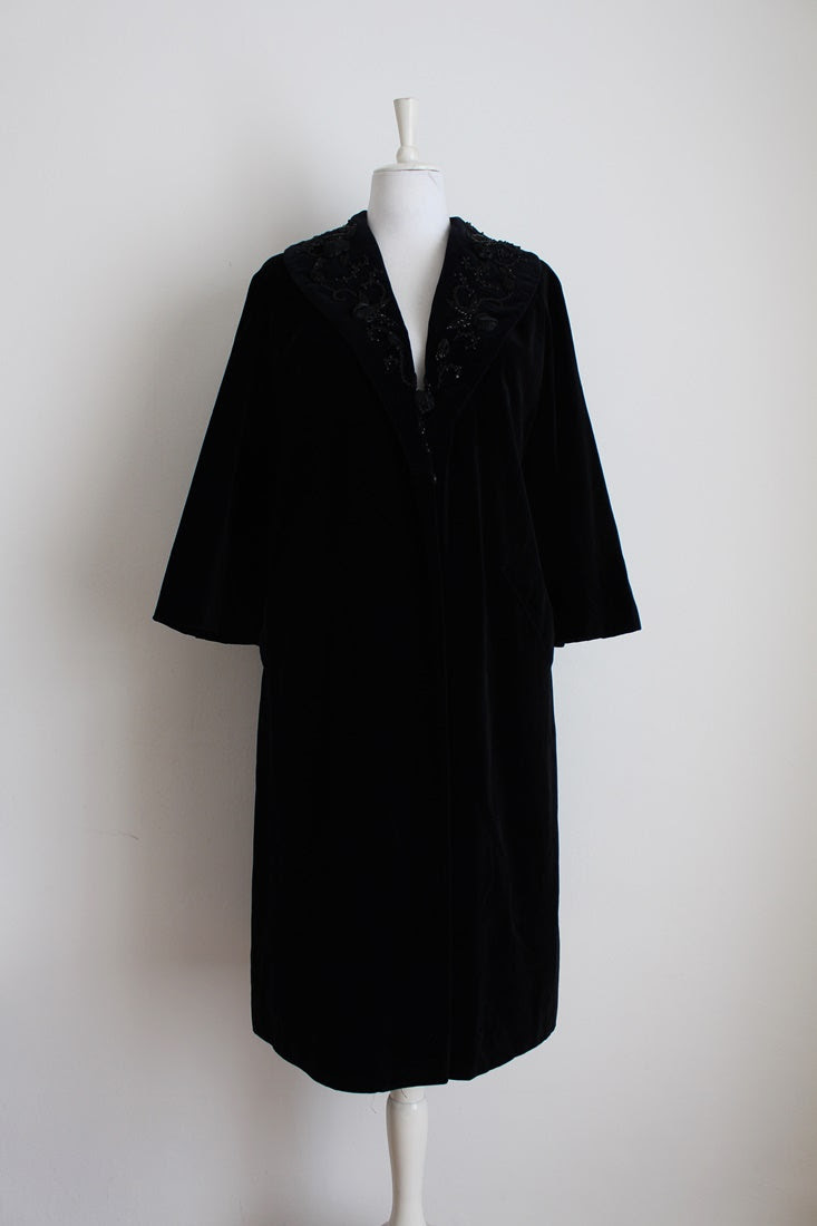 VINTAGE VELVET BLACK BEADED COAT - SIZE 16