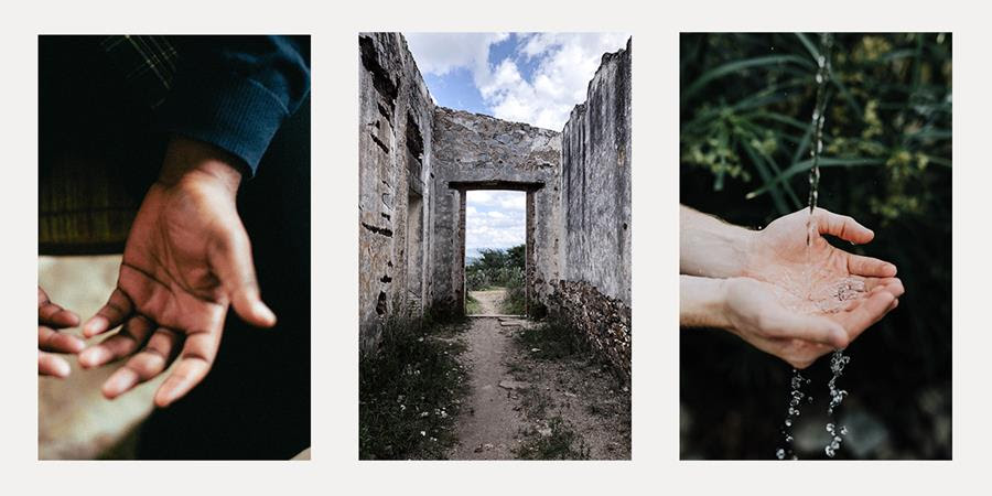 In the left image we see open hands. In the middle image we see an old stone building with an open doorway, through the doorway we see a pathway leading off into distant beauty. In the right image we see another set of open hands receiving clear water as it drips from above.