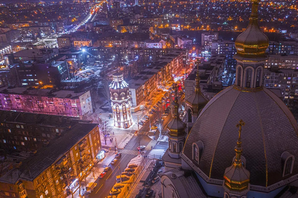 Mariupol, Ukraine, at night.