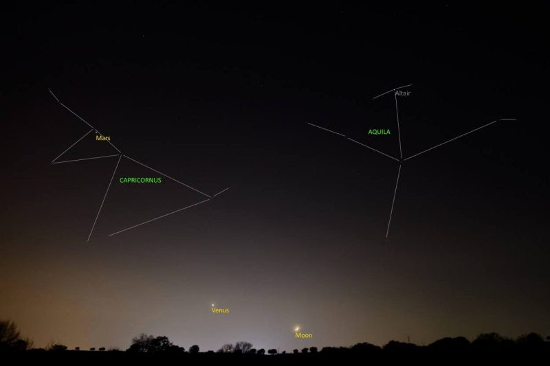 On December 2, Annie Lewis in Madrid, Spain caught a wide angle view of the sky, showing not only Venus and the moon, but also Mars and some constellations. The moon will be moving up past Mars in the days ahead.