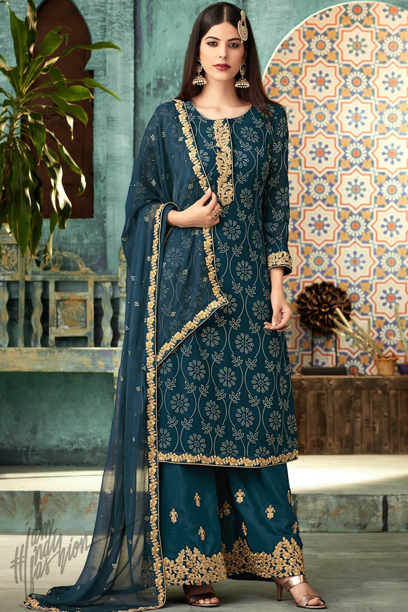 Peacock Blue Georgette Party Wear Palazzo Suit