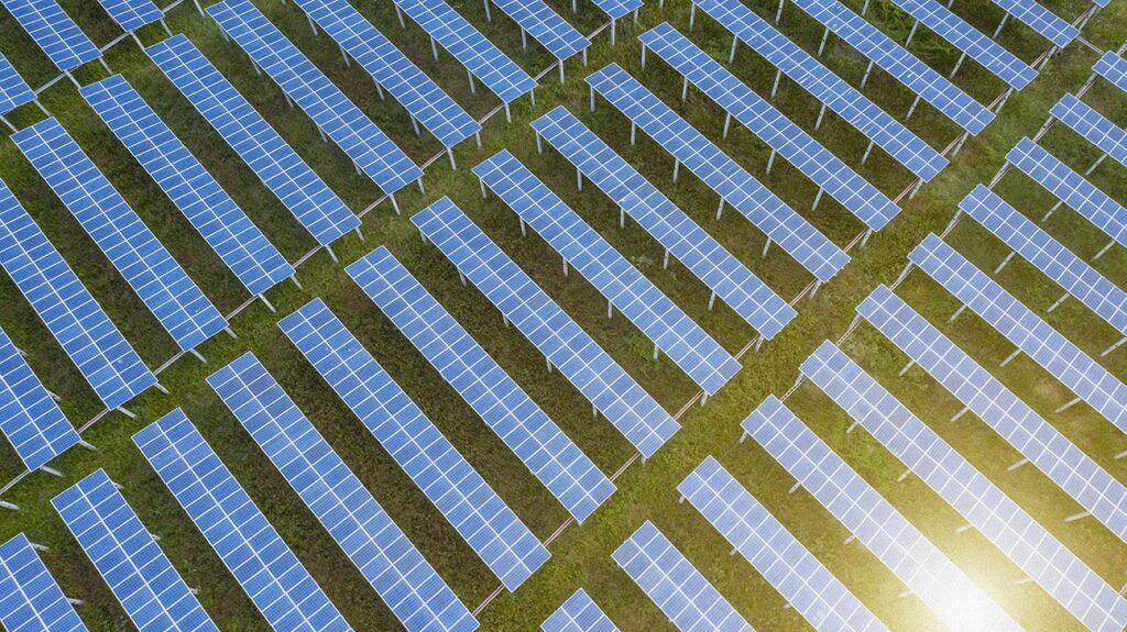 An image of solar energy panels in a field to accompany the article, "Weak electric currents could help to combat superbugs."
