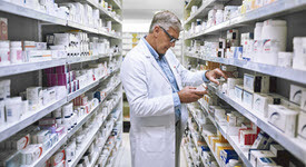 Pharmicist checking perscription inventory
